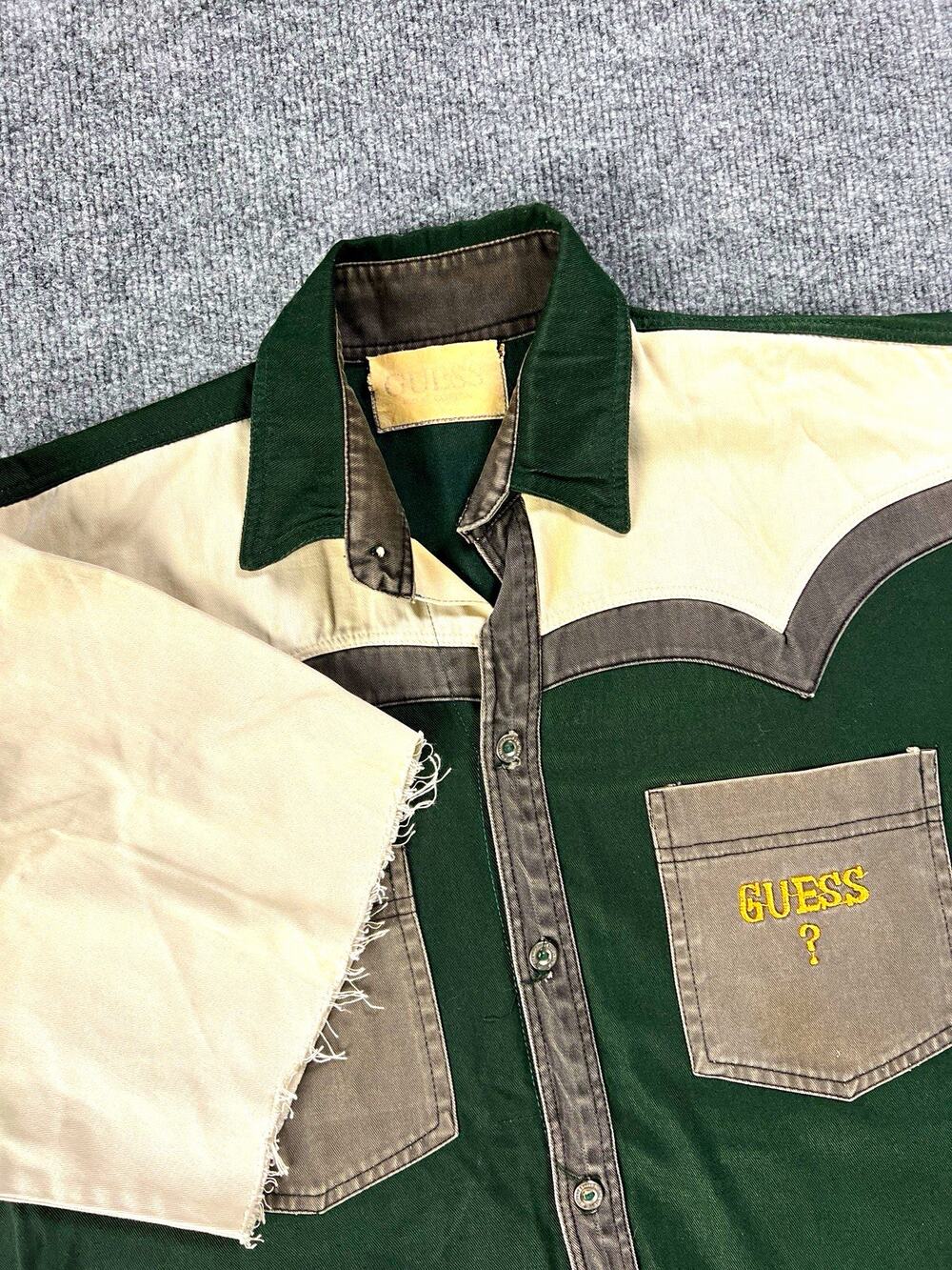 Guess Shirt Vintage Colorblock Western Cutoff Green Gray Embroidered Mens Large